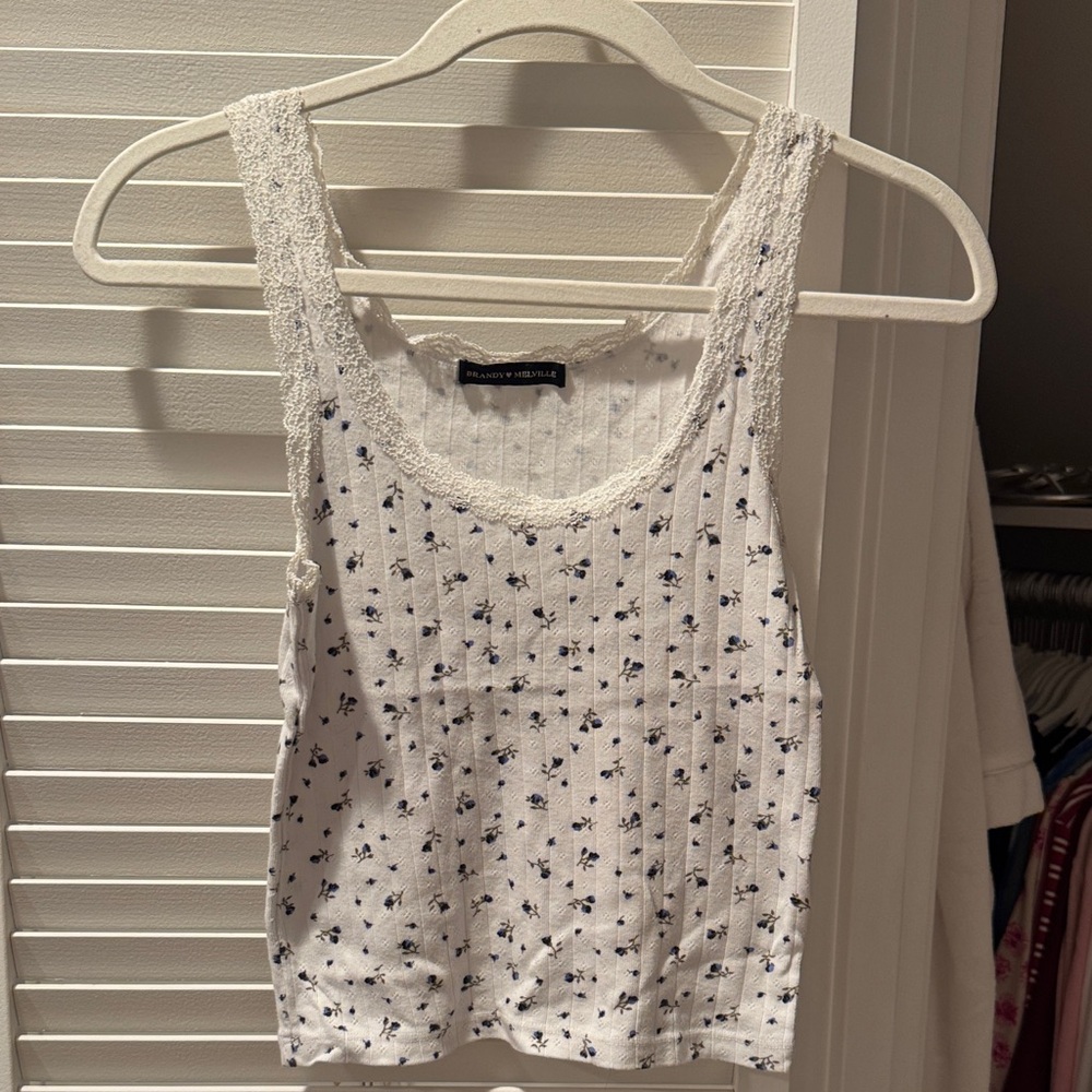 Brandy Melville White and Blue Floral Tank Top - Picture 1 of 2